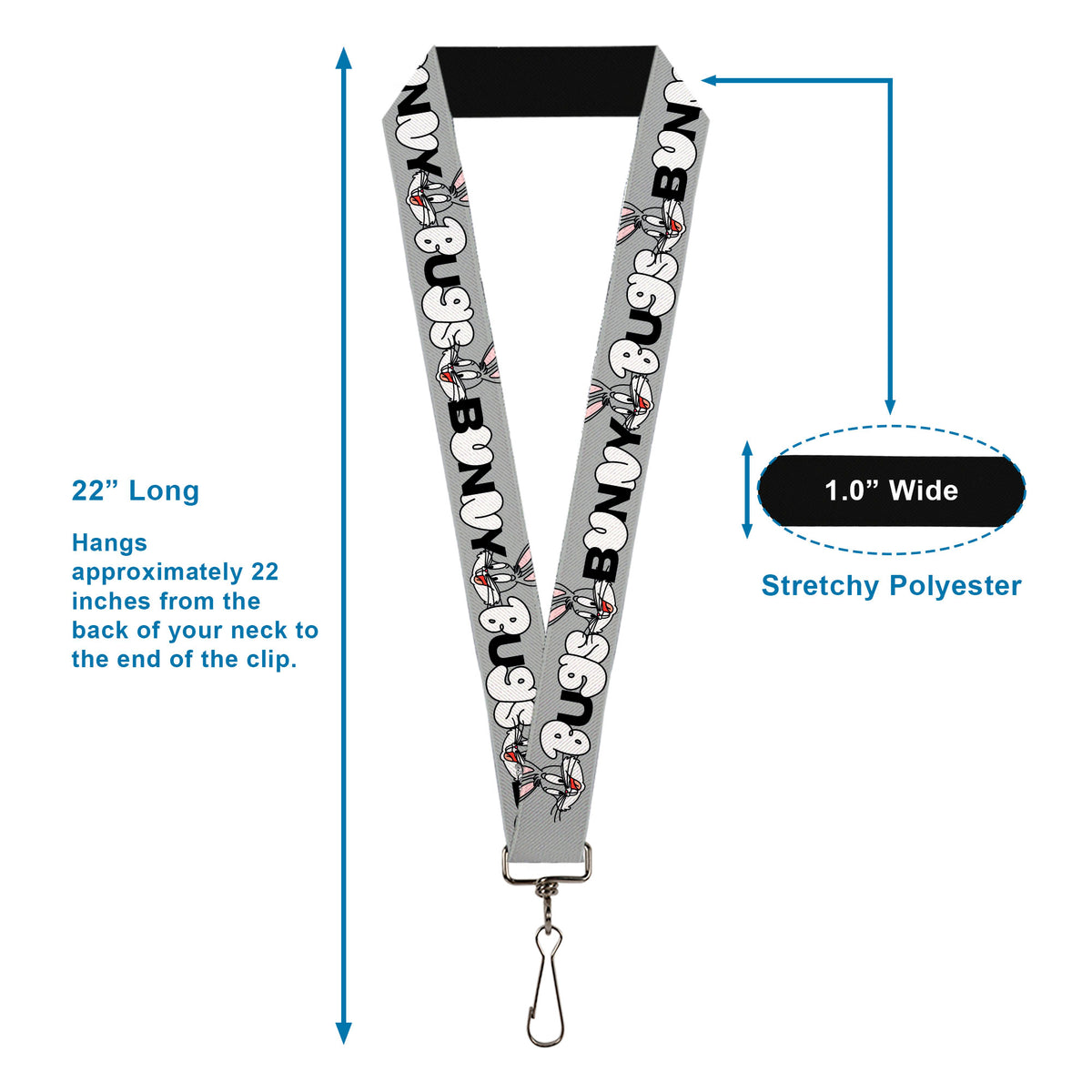 Lanyard - 1.0" - BUGS BUNNY Smiling Face Text Gray Lanyards Looney Tunes