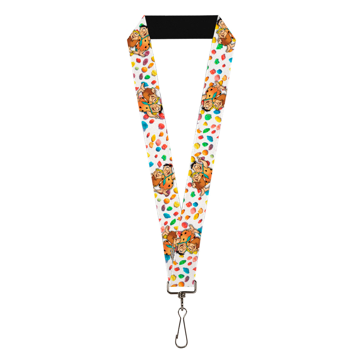 Lanyard - 1.0" - Fruity Pebbles Fred Flintstone and Barney Rubble Hugging Pose and Cereal Pebbles Scattered White/Multi Color Lanyards The Flintstones