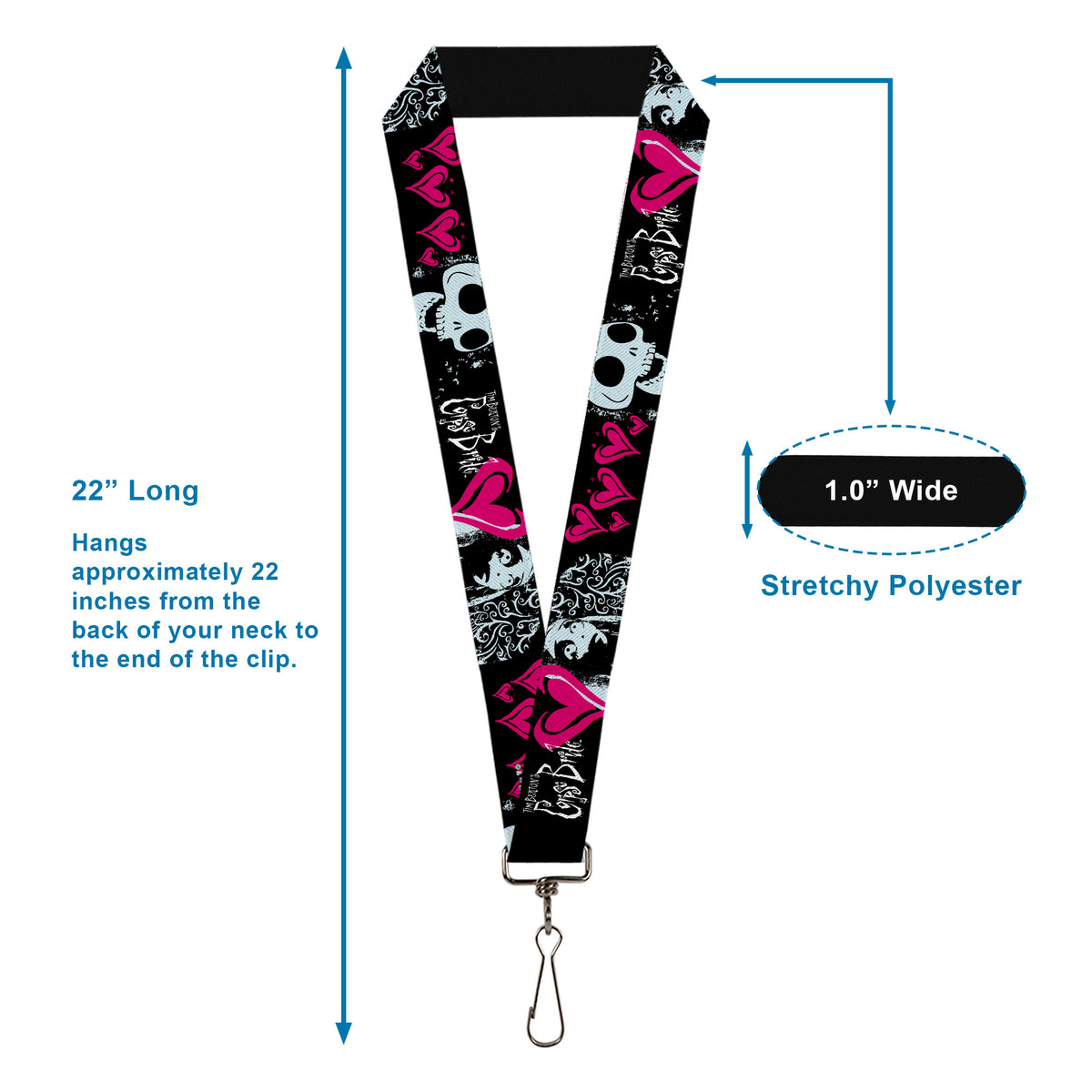 Lanyard - 1.0" - CORPSE BRIDE Emily Hearts and Skull Black/Gray/Pink Lanyards Corpse Bride