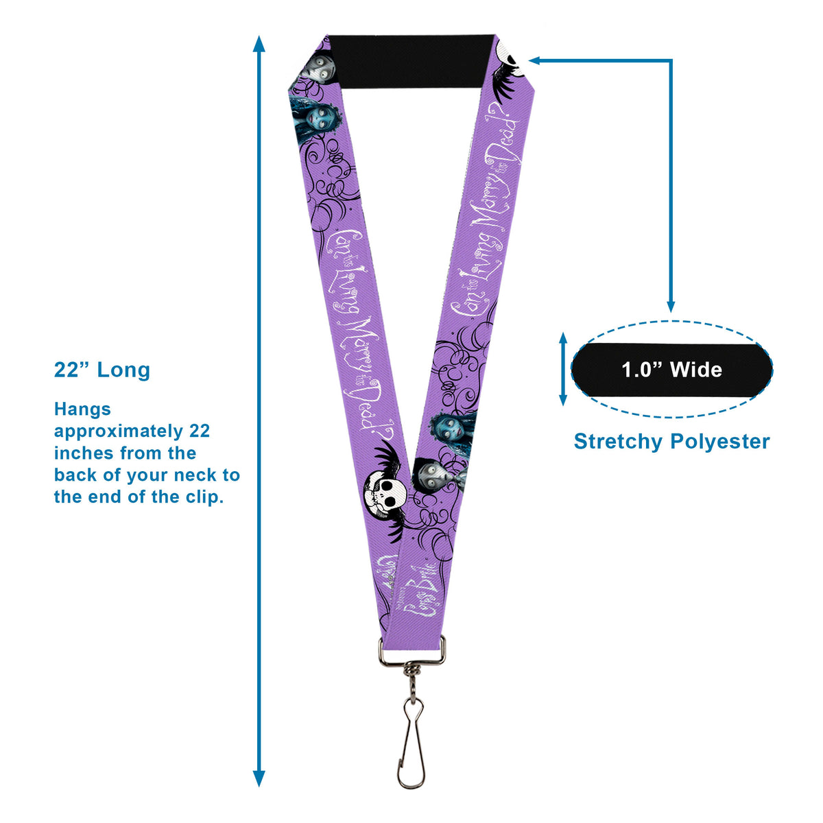 Lanyard - 1.0" - CORPSE BRIDE Victor and Emily LIVING MARRY THE DEAD Pose Lavender/Black Lanyards Corpse Bride