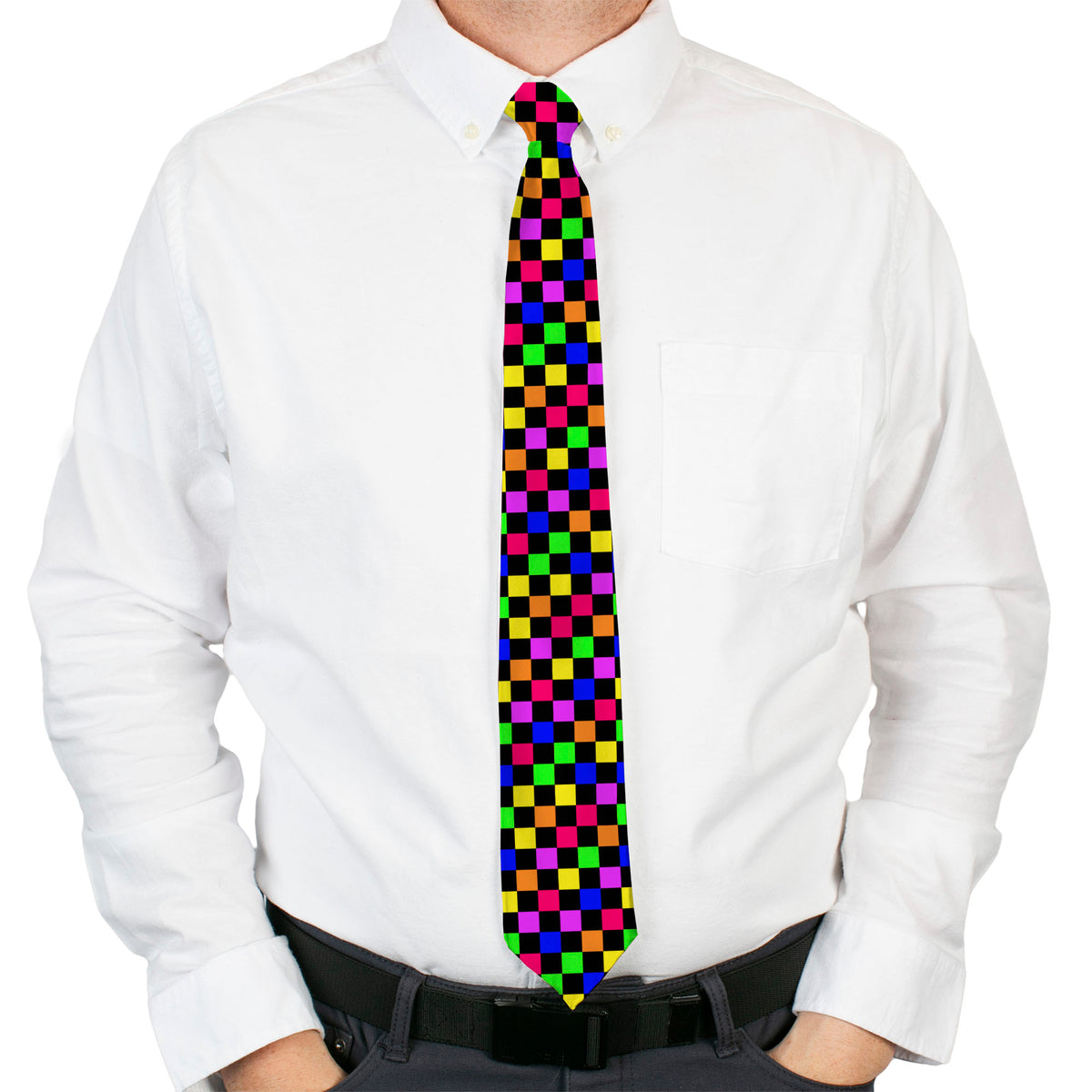 Buckle-Down Necktie - Checker Black/Multi Neon Neckties Buckle-Down