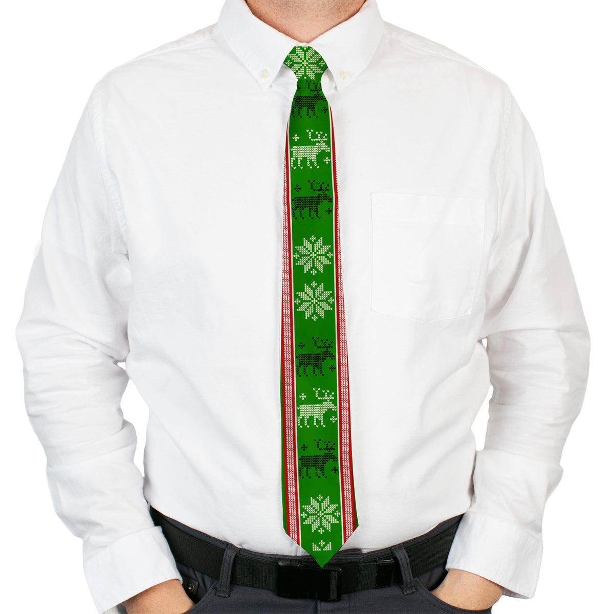 Buckle-Down Necktie - Christmas Stitch Moose/Snowflakes Red/Green Neckties Buckle-Down