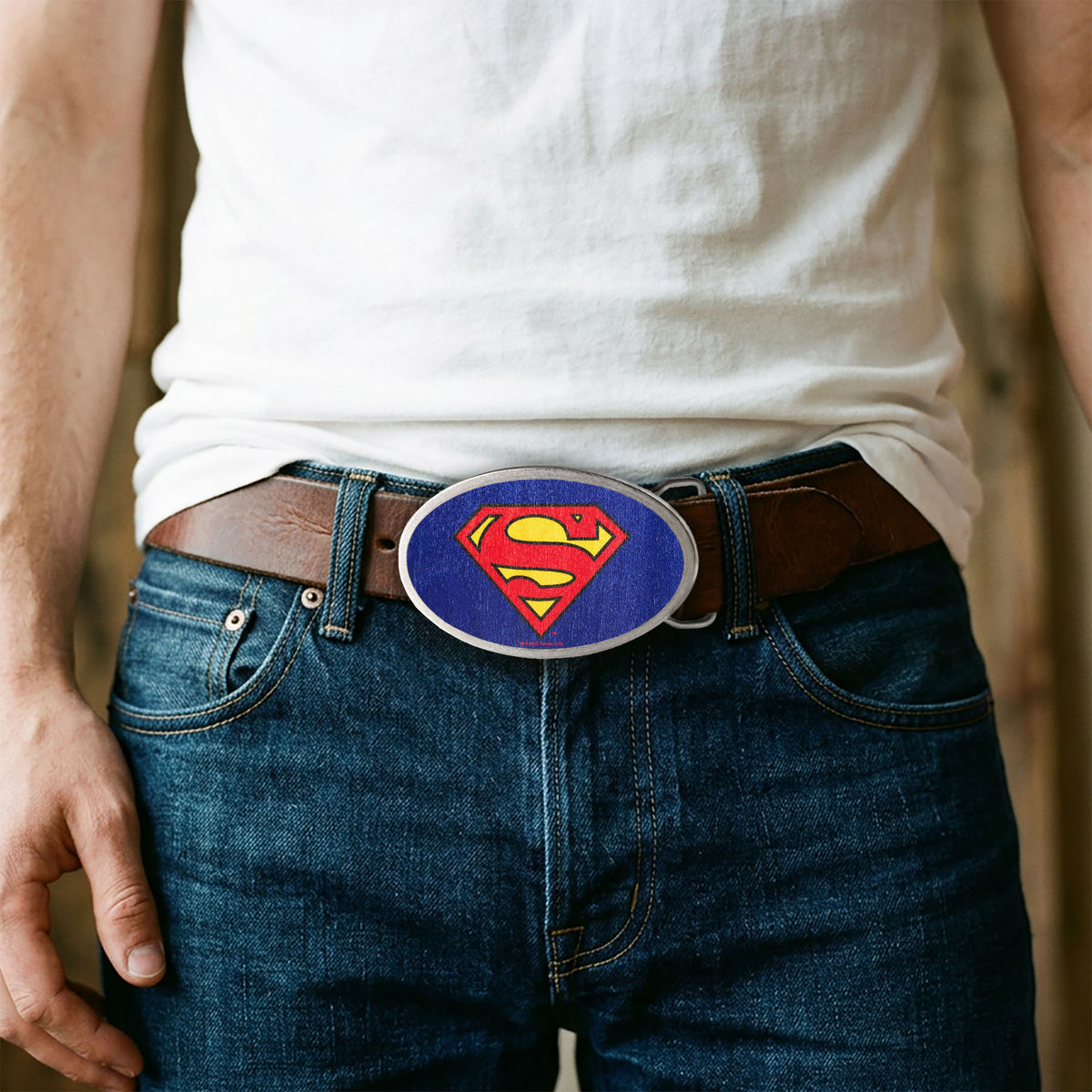 Superman Framed FCWood Blue - Matte Oval Rock Star Buckle Belt Buckles DC Comics