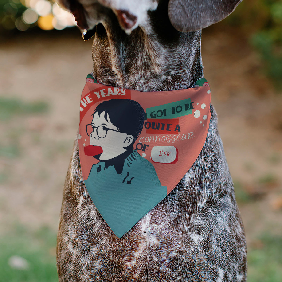 Pet Bandana - A CHRISTMAS STORY Icons and Title Logo Collage Greens/Reds Pet Bandanas A Christmas Story