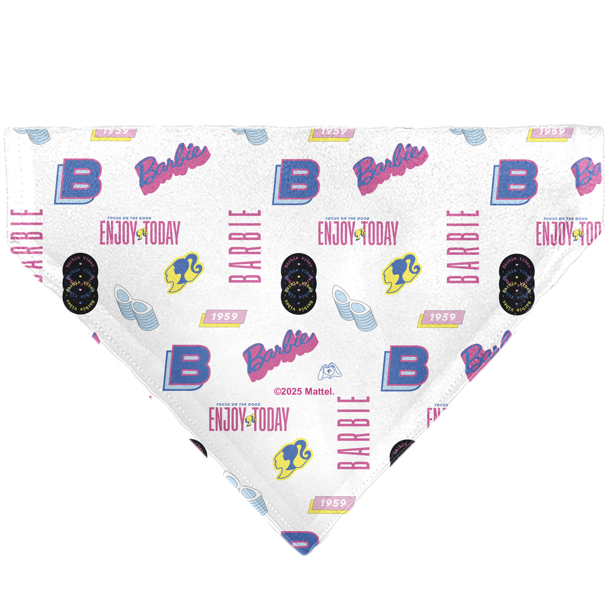 Pet Bandana - BARBIE ENJOY TODAY Text and Icons Collage White/Pinks/Blues Pet Bandanas Barbie