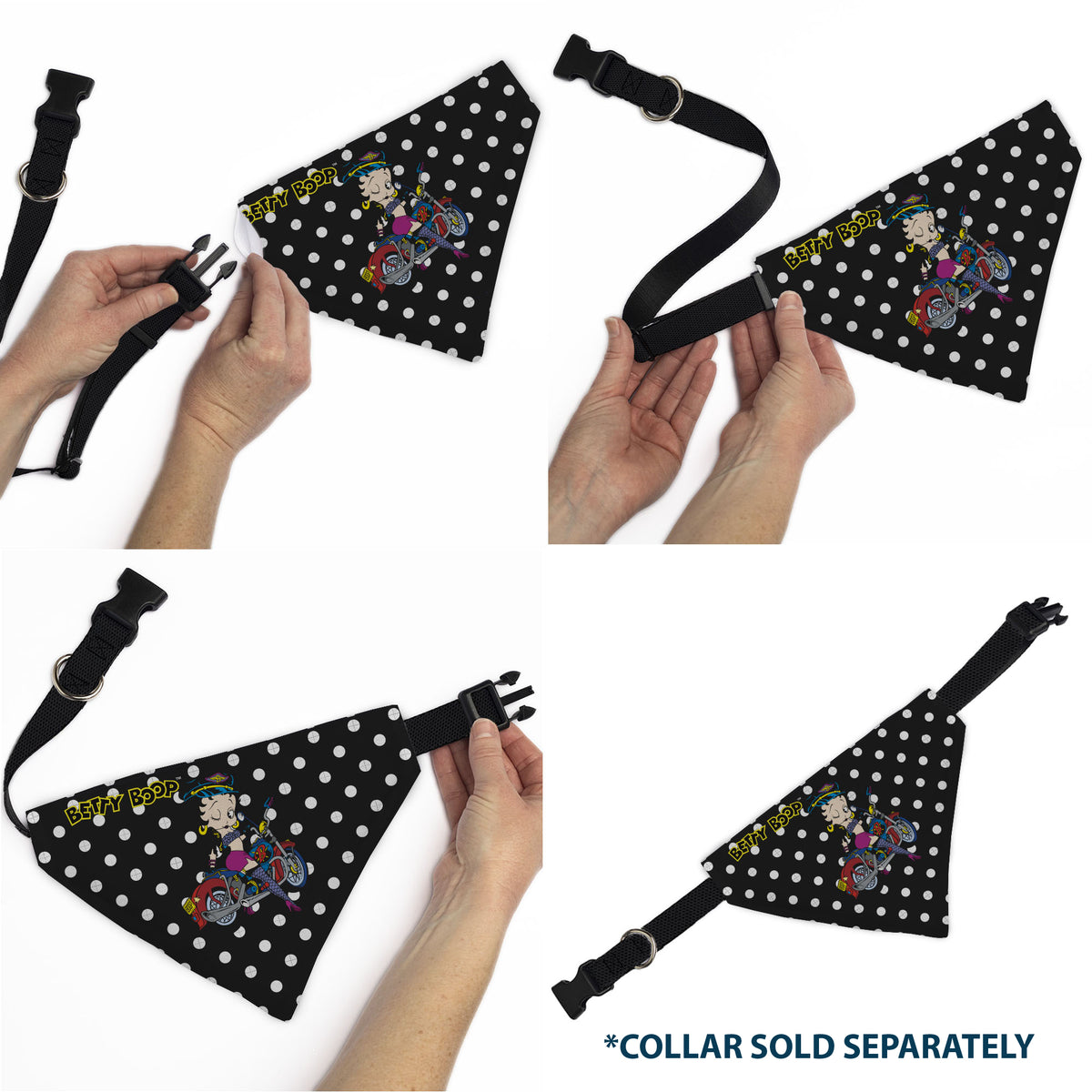 Pet Bandana - Bandana BETTY BOOP Biker Betty Winking Pose and Text Polka Dot Black/White/Yellow Pet Bandanas Betty Boop