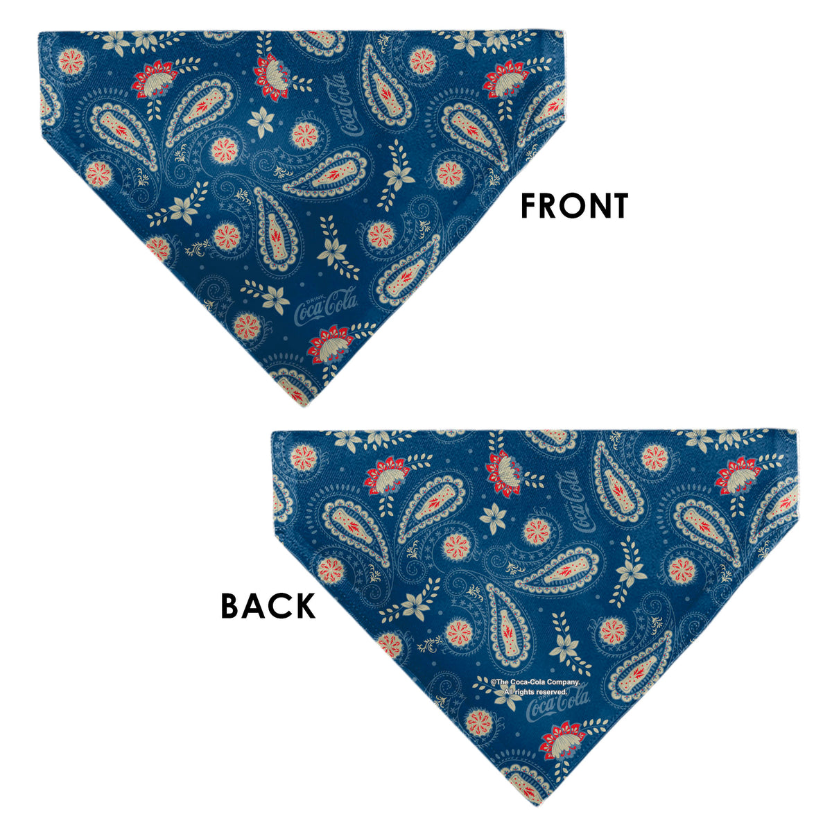 Pet Bandana - COCA-COLA Paisley Bottle Icons Scattered Blues/White/Red Pet Bandanas Coca-Cola
