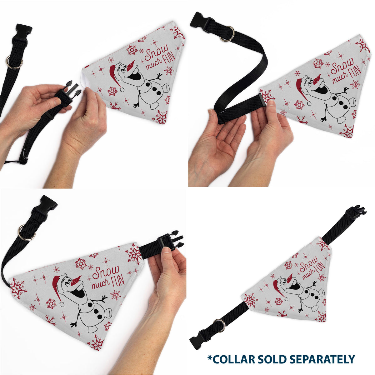 Pet Bandana - Frozen Olaf SNOW MUCH FUN Pose with Anna and Else Poses White/Red Pet Bandanas Disney