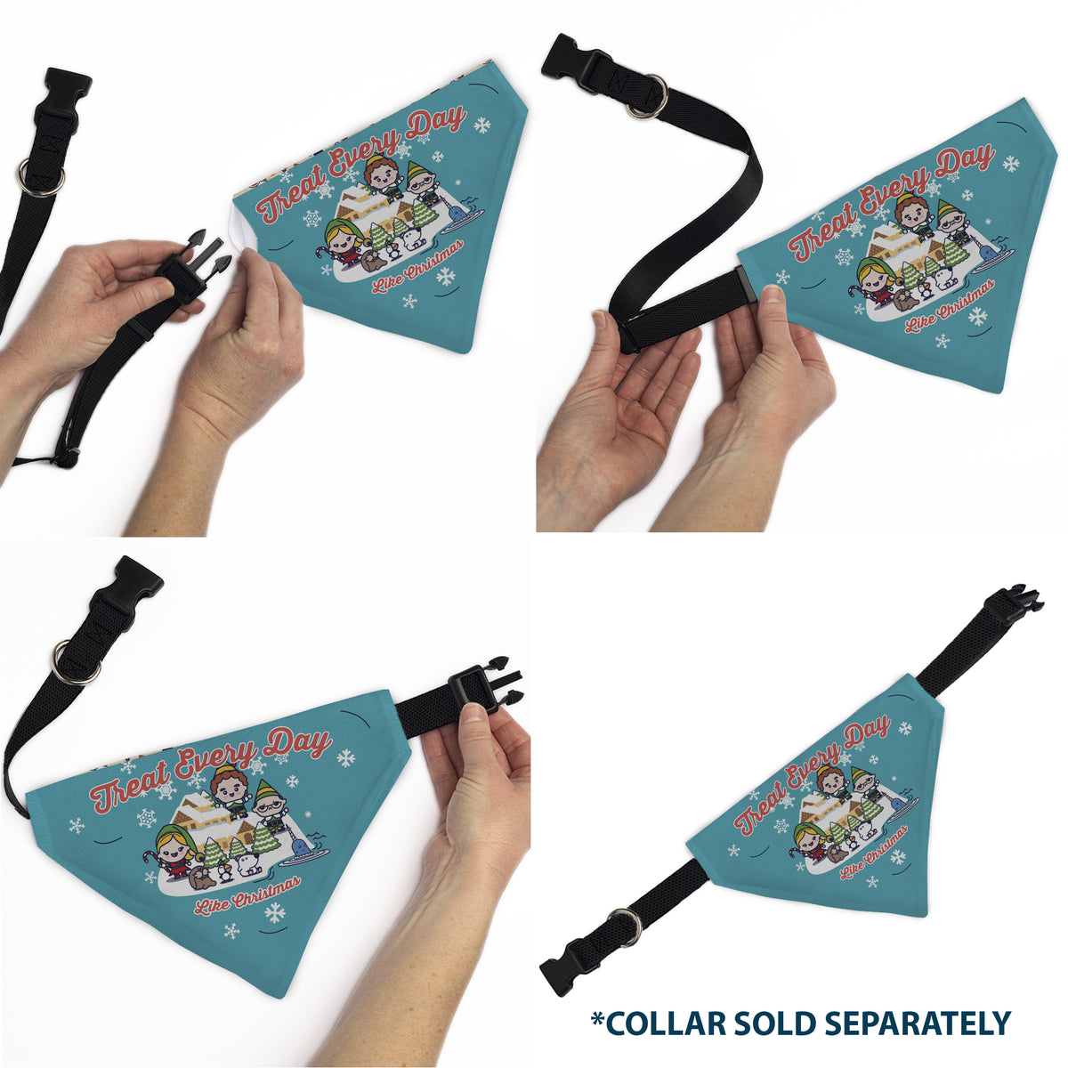 Pet Bandana - Elf TREAT EVERYDAY LIKE CHRISTMAS Buddy and Friends Pose Blue Pet Bandanas Elf
