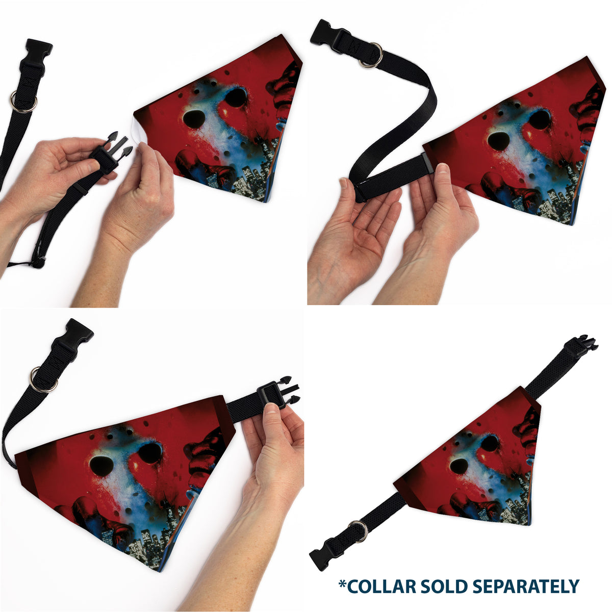 Pet Bandana - FRIDAY THE 13TH Jason Hockey Mask Cityscape and Title Logo Black/Red Pet Bandanas Friday the 13th