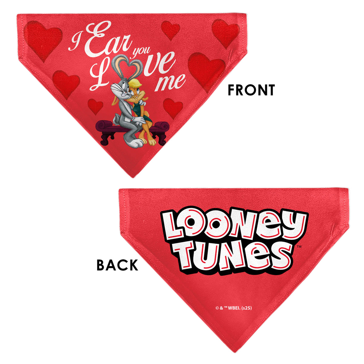 Pet Bandana - Bugs Bunny and Lola Bunny I EAR YOU LOVE ME Pose Hearts and Title Logo Reds Pet Bandanas Looney Tunes