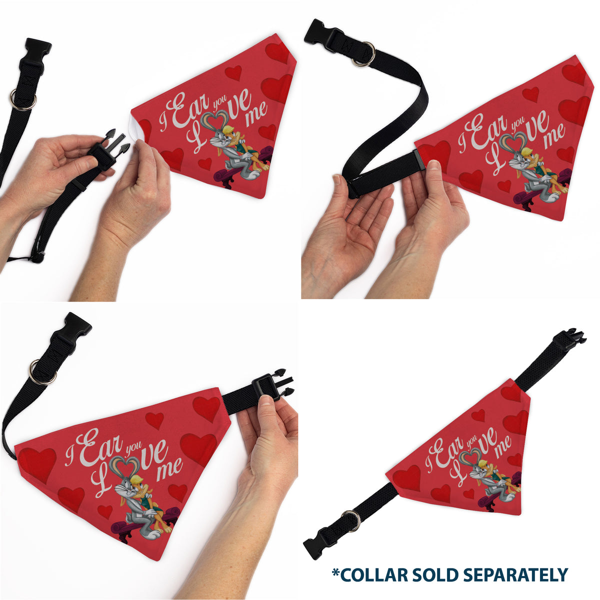 Pet Bandana - Bugs Bunny and Lola Bunny I EAR YOU LOVE ME Pose Hearts and Title Logo Reds Pet Bandanas Looney Tunes