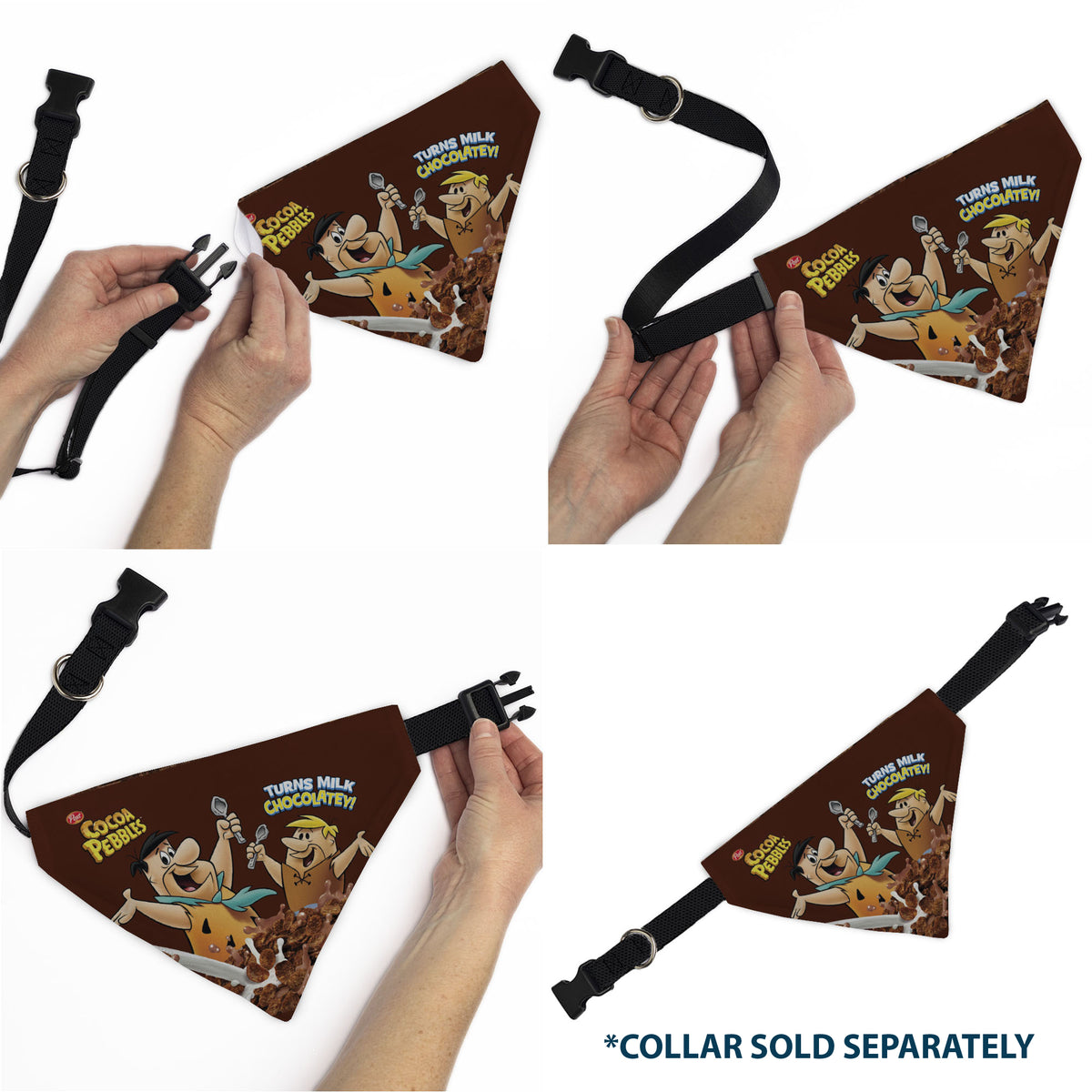 Pet Bandana - COCOA PEBBLES Fred Flintstone and Barney Rubble Cereal Box Print and Vivid Cereal Brown Pet Bandanas The Flintstones
