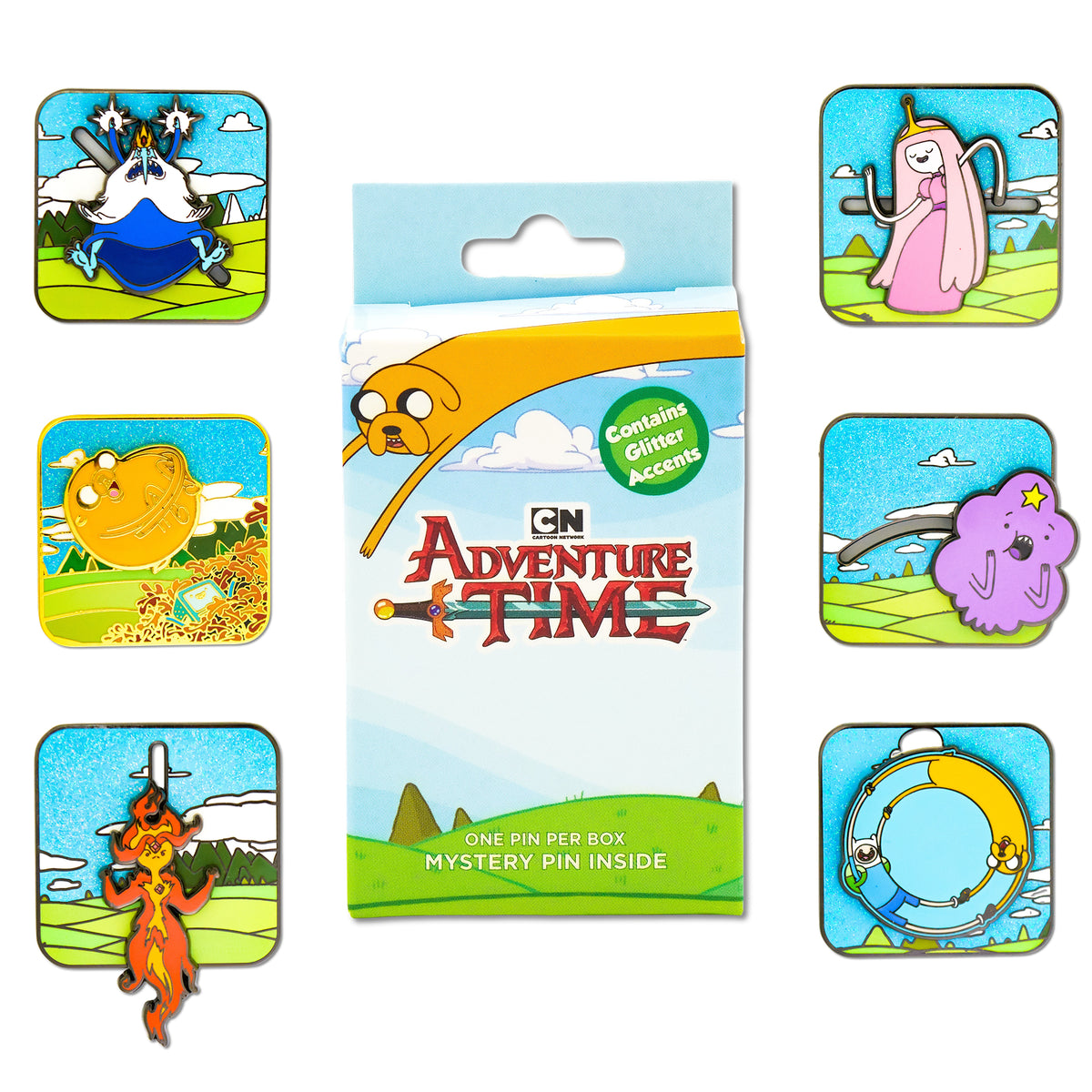 Adventure Time Interactive Mystery Enamel Pin Blind Box Series, Flame Princess, Ice King, Jake and BMO, Jake and Finn, Lumpy Space Princess, or Princess Bubblegum Blind Box Pins Adventure Time