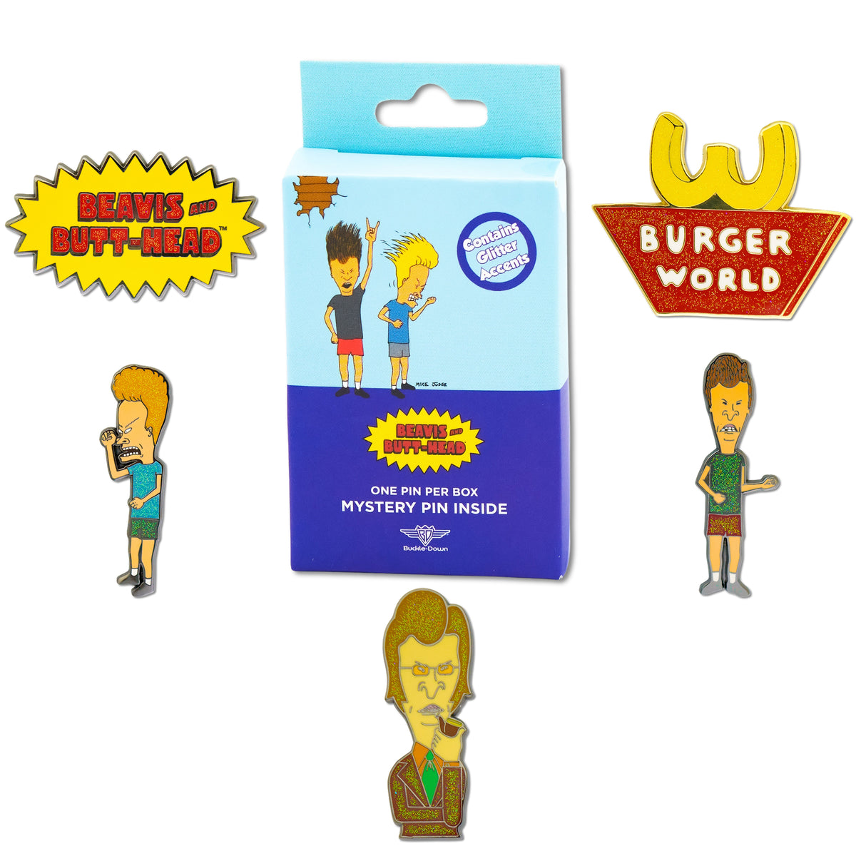 Beavis and Butt-Head Mystery Enamel Pin Blind Box Series, Title Logo, Burger World, Beavis, Butt-Head, or Butt-Head Pipe Blind Box Pins MTV
