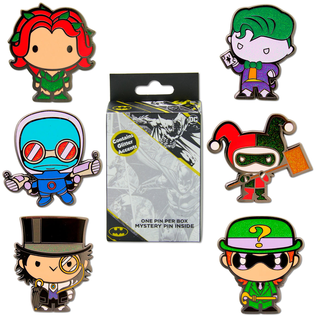 DC Comics Chibi Villains Mystery Enamel Pin Blind Box Series, Penguin, Riddler, Poison Ivy, Mr. Freeze, Harley Quinn, or Joker Blind Box Pins DC Comics