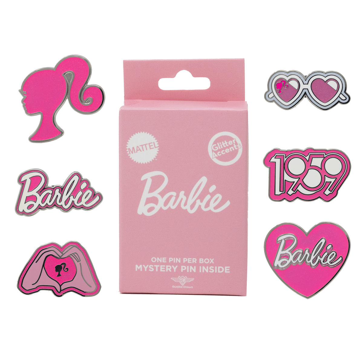 Barbie Mystery Enamel Pin Blind Box Series, Barbie Hand Heart, Barbie 1959 Logo, Barbie Ponytail Silhouette, Barbie Signature, Barbie Heart Sunglasses, or Barbie Heart Signature Blind Box Pins Barbie