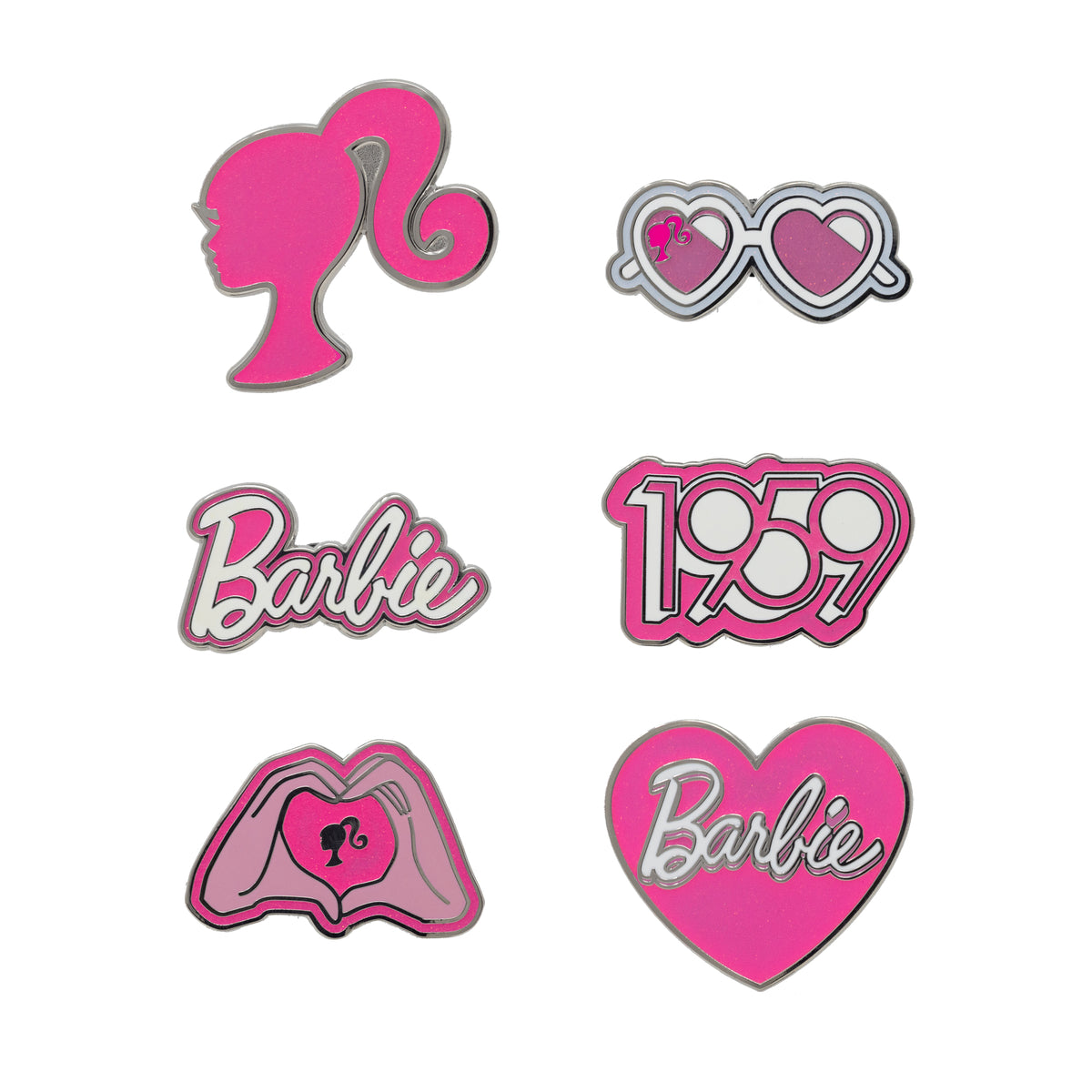 Barbie Mystery Enamel Pin Blind Box Series, Barbie Hand Heart, Barbie 1959 Logo, Barbie Ponytail Silhouette, Barbie Signature, Barbie Heart Sunglasses, or Barbie Heart Signature Blind Box Pins Barbie