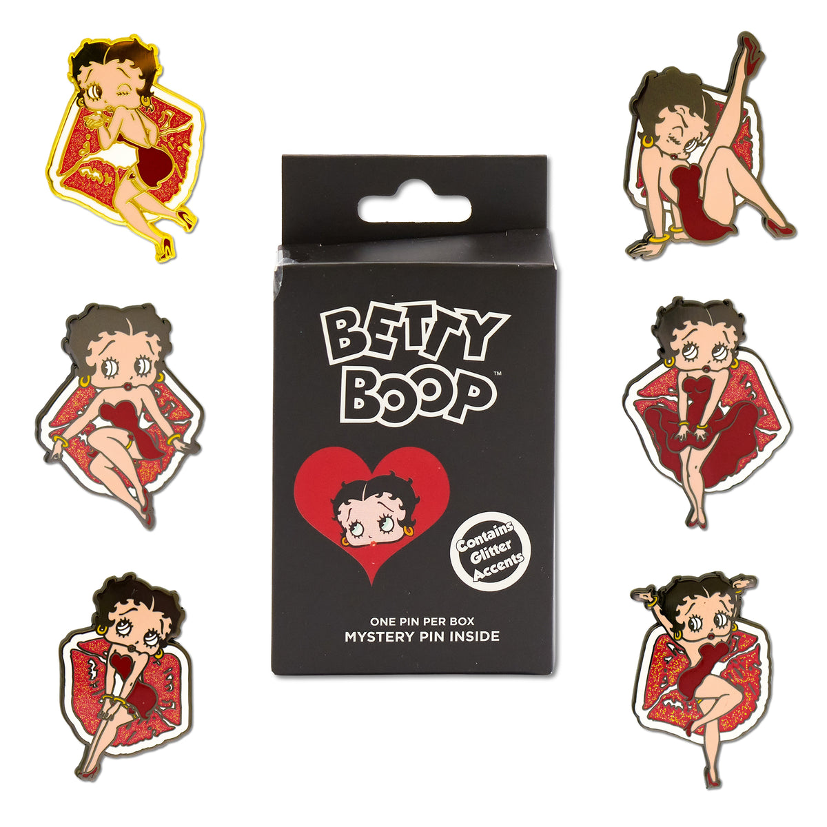 Betty Boop Mystery Enamel Pin Blind Box Series, Wink Pose, High Kick Pose, Sitting Pose, Dress Flare Pose, Hands on Knees Pose, or Arms Up Pose Blind Box Pins Betty Boop