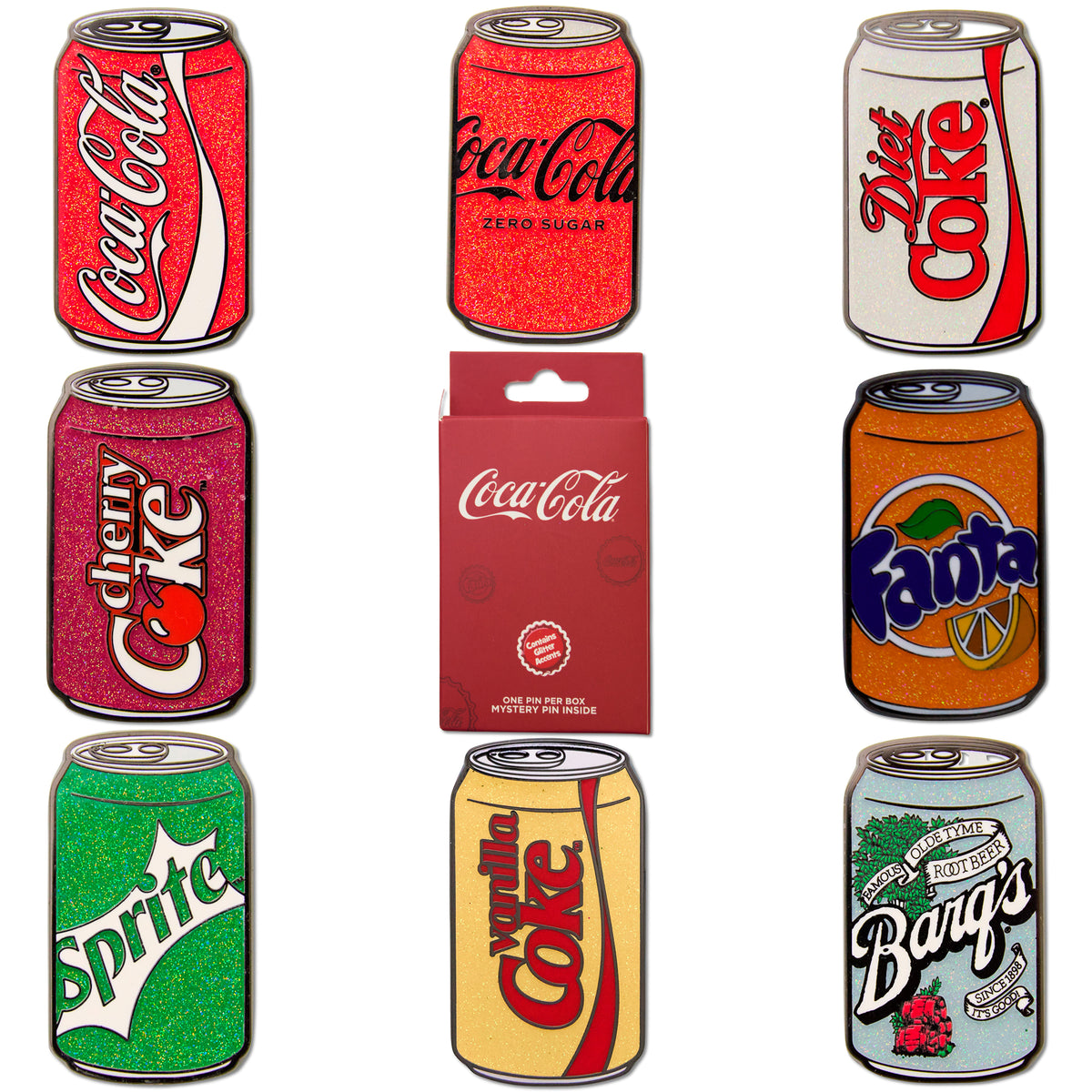 Coca-Cola Soft Drink Cans Mystery Enamel Pin Blind Box Series, Coca-Cola, Coca-Cola Cherry, Coca-Cola Vanilla, Coca-Cola Zero Sugar, Diet Coke, Sprite, Fanta Orange, or Barq's Root Beer Blind Box Pins Coca-Cola