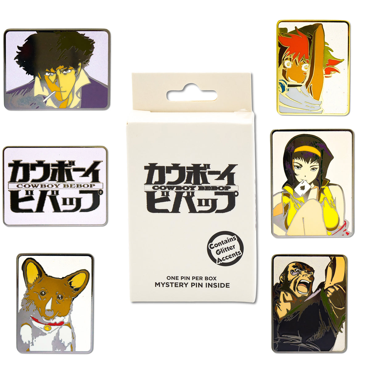 Cowboy Bebop Mystery Enamel Pin Blind Box Series, Ein, Edward, Faye, Jet Black, Title Logo, or Spike Spiegel Blind Box Pins Cowboy Bebop