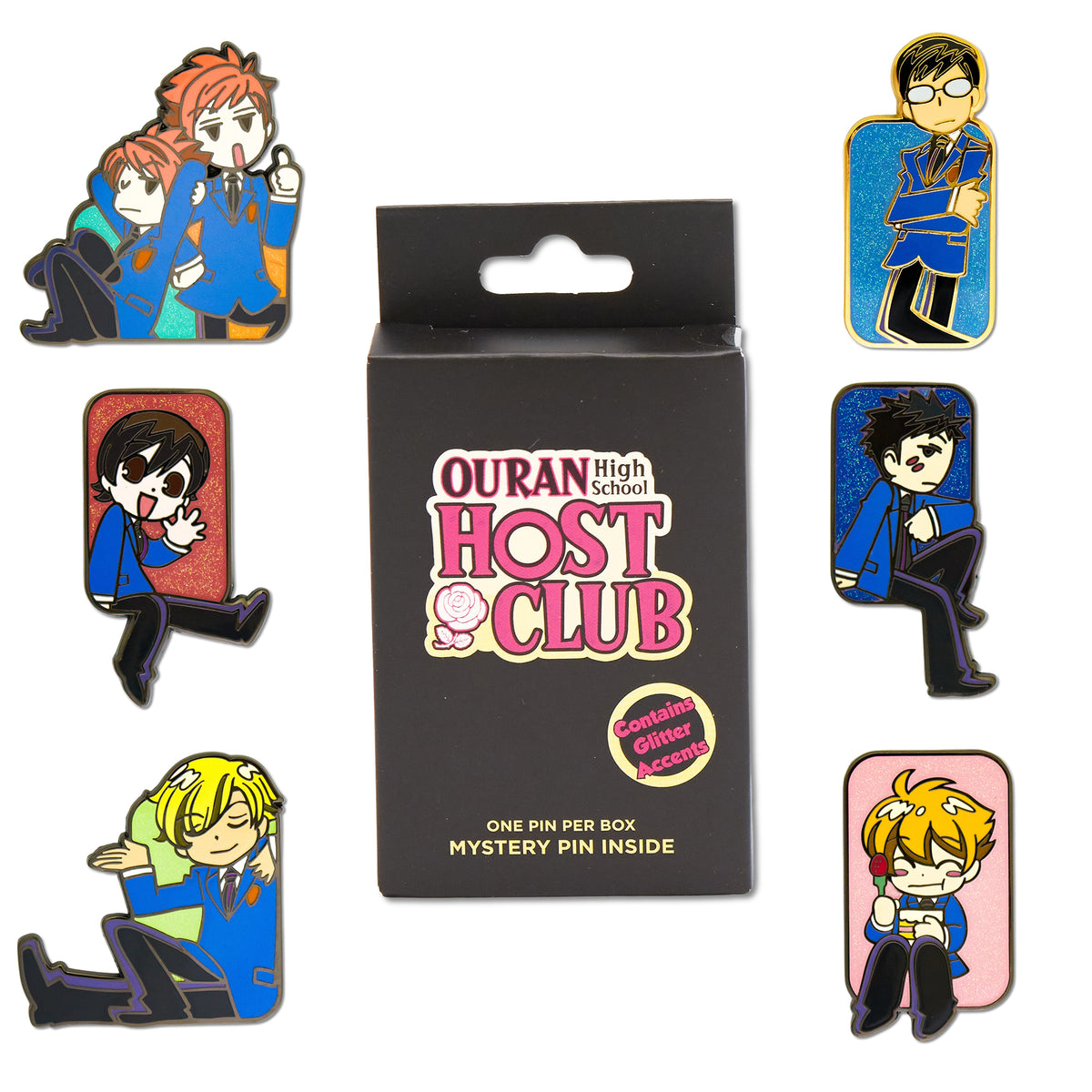 Ouran High School Host Club Mystery Enamel Pin Blind Box Series, Tamaki Suoh, Kyoya Ootori, Mori Takashi Morinozuka, Honey Mitsukuni Haninozuka, Haruhi Fujioka, or Hitachiin Twins Blind Box Pins Ouran High School Host Club