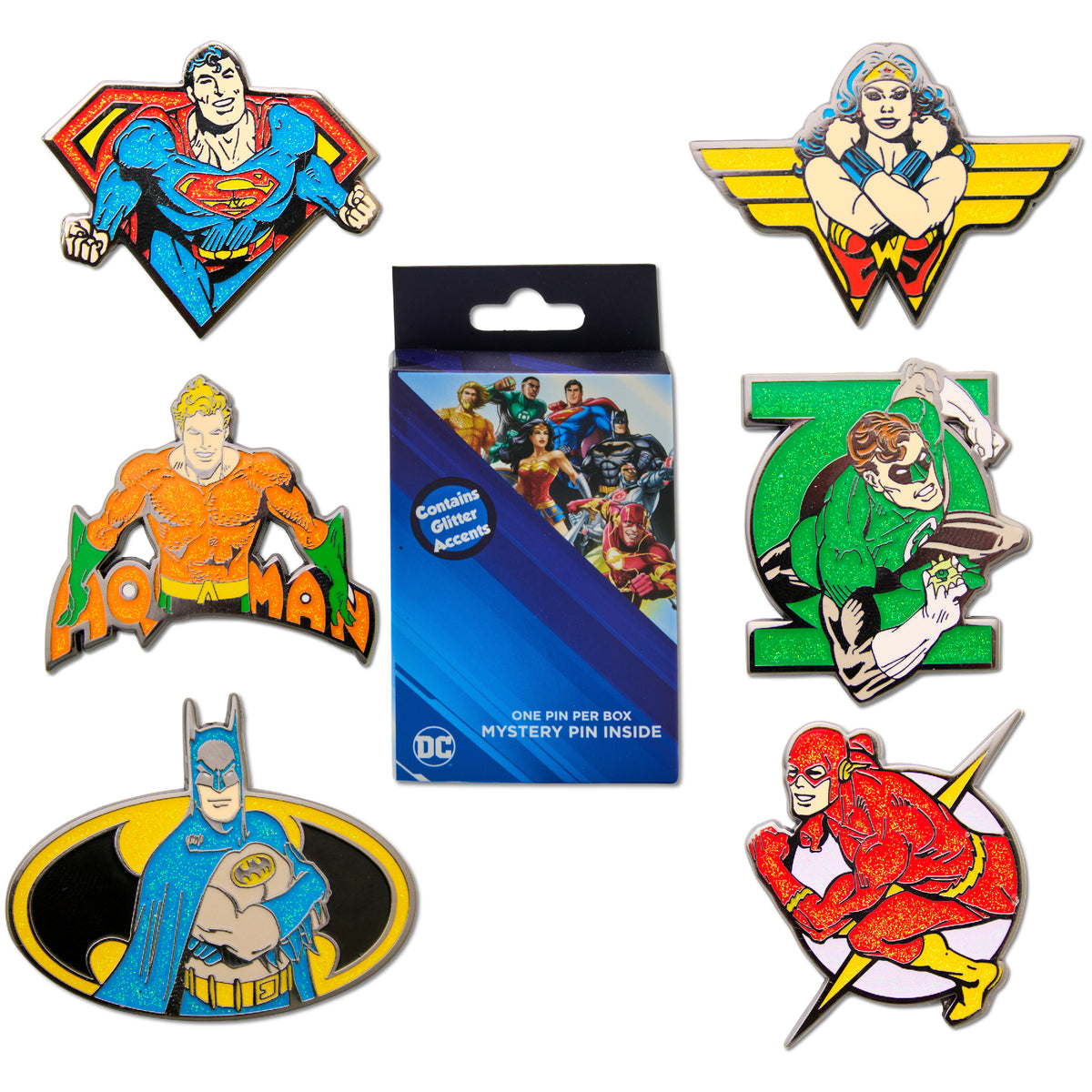 DC Comics Mystery Enamel Pin Blind Box Series, Aquaman, Batman, Flash, Green Lantern, Superman, or Wonder Woman Blind Box Pins DC Comics