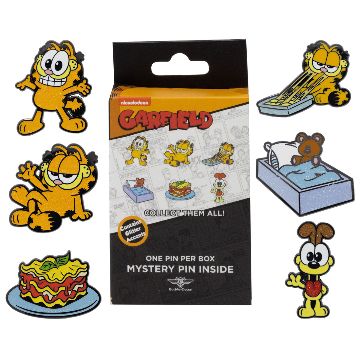 Garfield Mystery Enamel Pin Blind Box Series, Garfield Standing, Garfield Lounging, Garfield Eating Lasagna, a Lasagna Plate, Odie Waving, or Pooky Teddy Bear Blind Box Pins Garfield