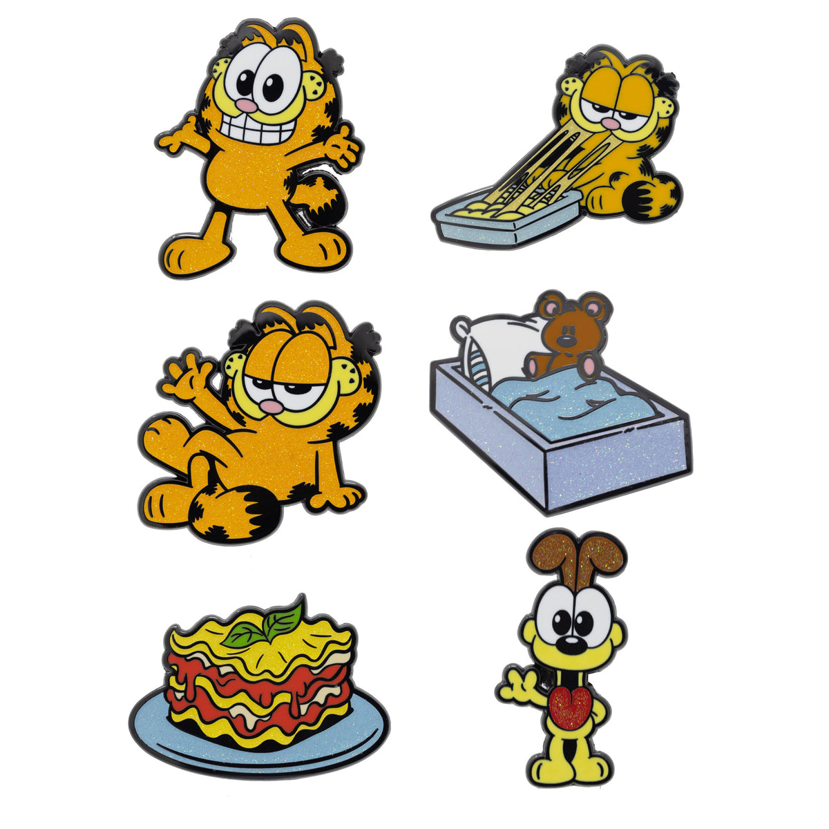 Garfield Mystery Enamel Pin Blind Box Series, Garfield Standing, Garfield Lounging, Garfield Eating Lasagna, a Lasagna Plate, Odie Waving, or Pooky Teddy Bear Blind Box Pins Garfield