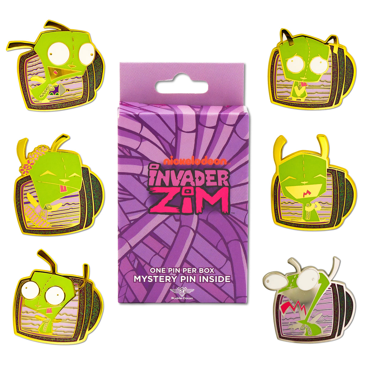 Invader Zim Glow in the Dark Mystery Enamel Pin Blind Box Series, GIR Tongue Out, Sad, Laughing, Screaming, Tutu Ballerina, or Running Blind Box Pins Invader Zim