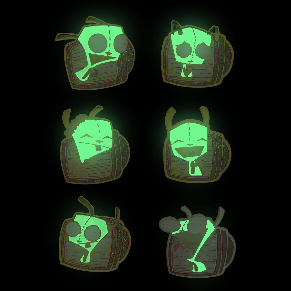Invader Zim Glow in the Dark Mystery Enamel Pin Blind Box Series, GIR Tongue Out, Sad, Laughing, Screaming, Tutu Ballerina, or Running Blind Box Pins Invader Zim