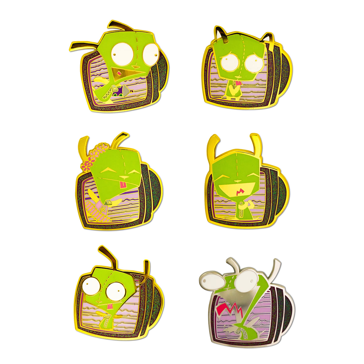 Invader Zim Glow in the Dark Mystery Enamel Pin Blind Box Series, GIR Tongue Out, Sad, Laughing, Screaming, Tutu Ballerina, or Running Blind Box Pins Invader Zim