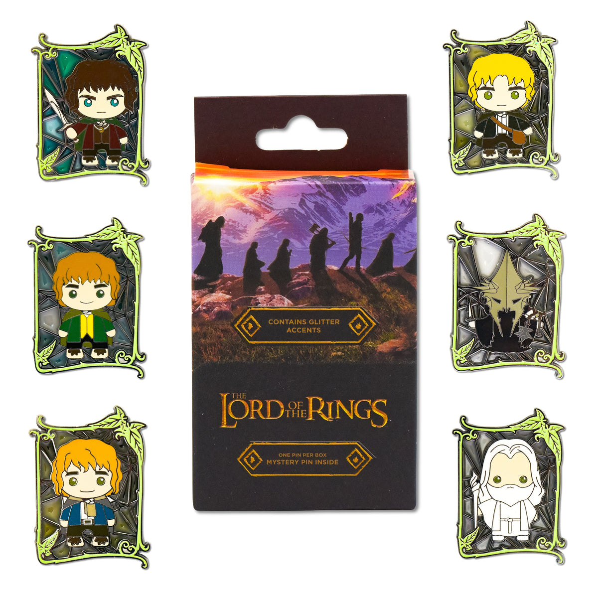 The Lord of the Rings Stained Glass Mystery Enamel Pin Blind Box Series, Pippin, Samwise, The Witch-King of Angmar, Gandalf, Merry or Frodo Blind Box Pins The Lord of the Rings