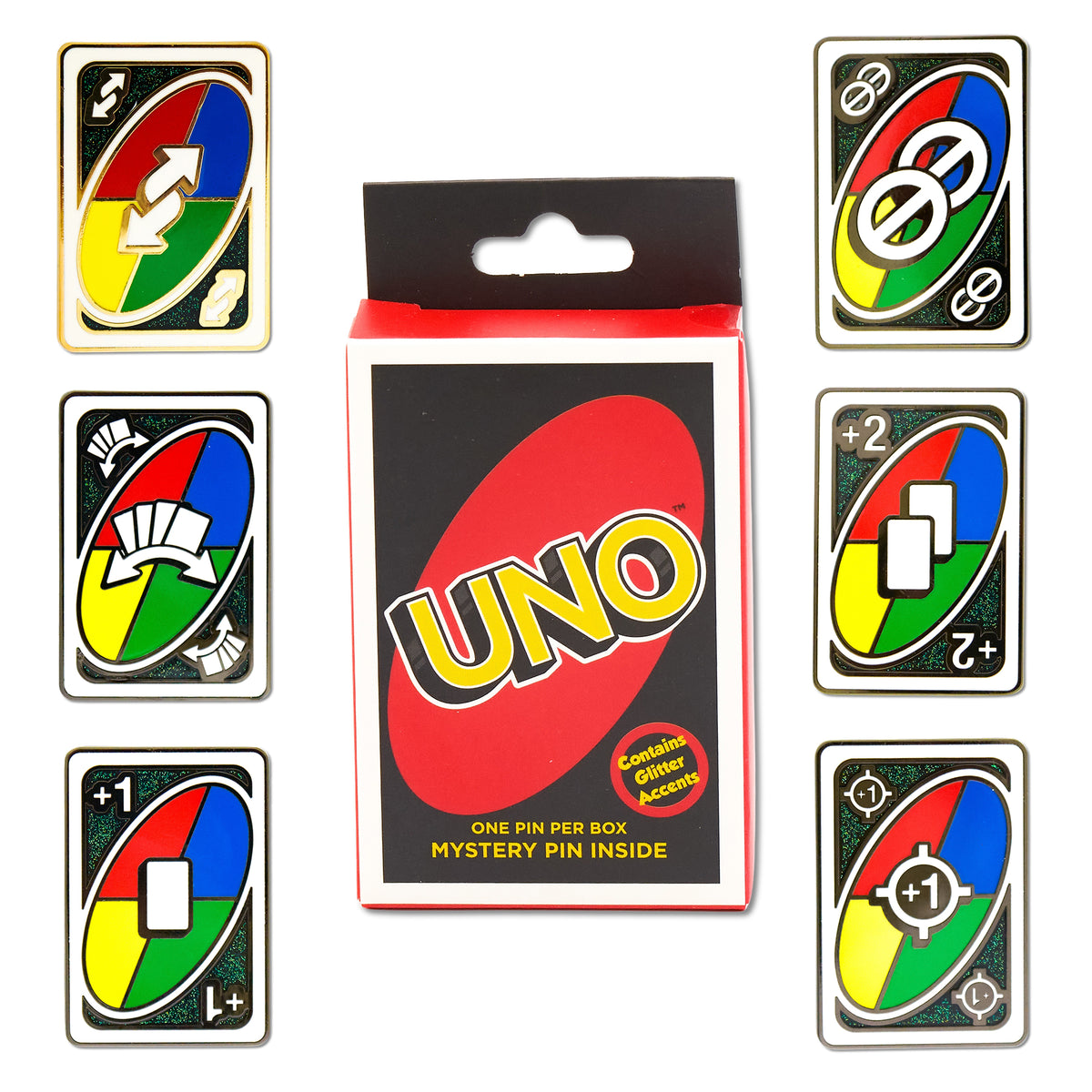 UNO Wild Action Cards Mystery Enamel Pin Blind Box Series, Draw One, Skip Two, Draw Two, Targeted Draw One, Forced Swap, or Reverse Blind Box Pins UNO