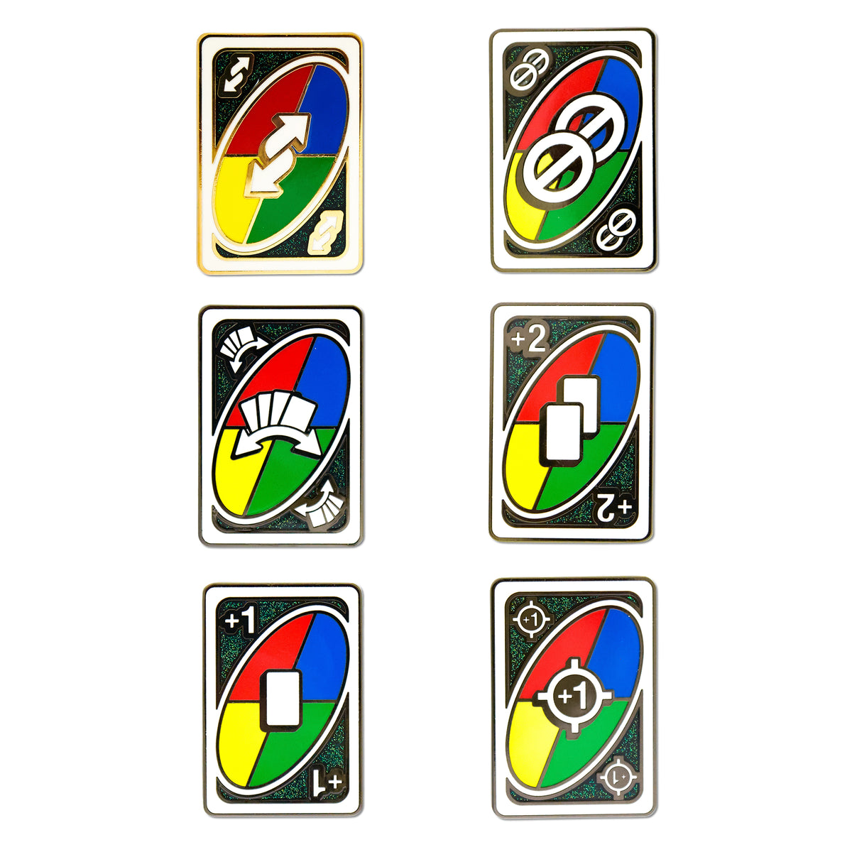UNO Wild Action Cards Mystery Enamel Pin Blind Box Series, Draw One, Skip Two, Draw Two, Targeted Draw One, Forced Swap, or Reverse Blind Box Pins UNO