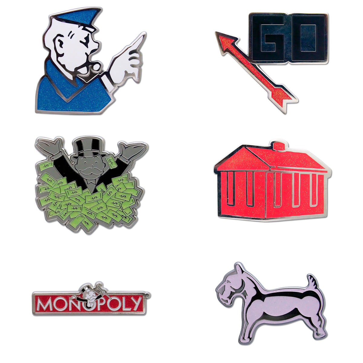 Monopoly Mystery Enamel Pin Blind Box Series, Go Space, Mr Monopoly, Policeman, Red House, Dog Token, or Title Logo Blind Box Pins Monopoly