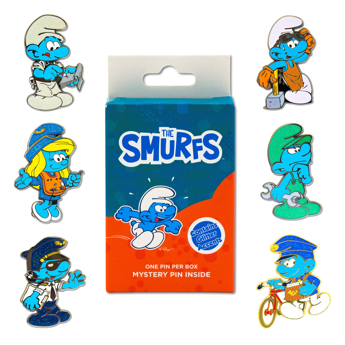 The Smurfs Working Mystery Enamel Pin Blind Box Series, Pilot, Blacksmith, Mechanic, Postman, Waiter, or Hostess Blind Box Pins The Smurfs