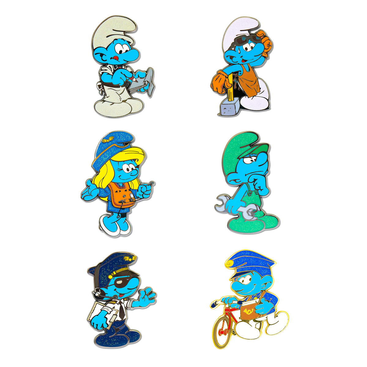 The Smurfs Working Mystery Enamel Pin Blind Box Series, Pilot, Blacksmith, Mechanic, Postman, Waiter, or Hostess Blind Box Pins The Smurfs