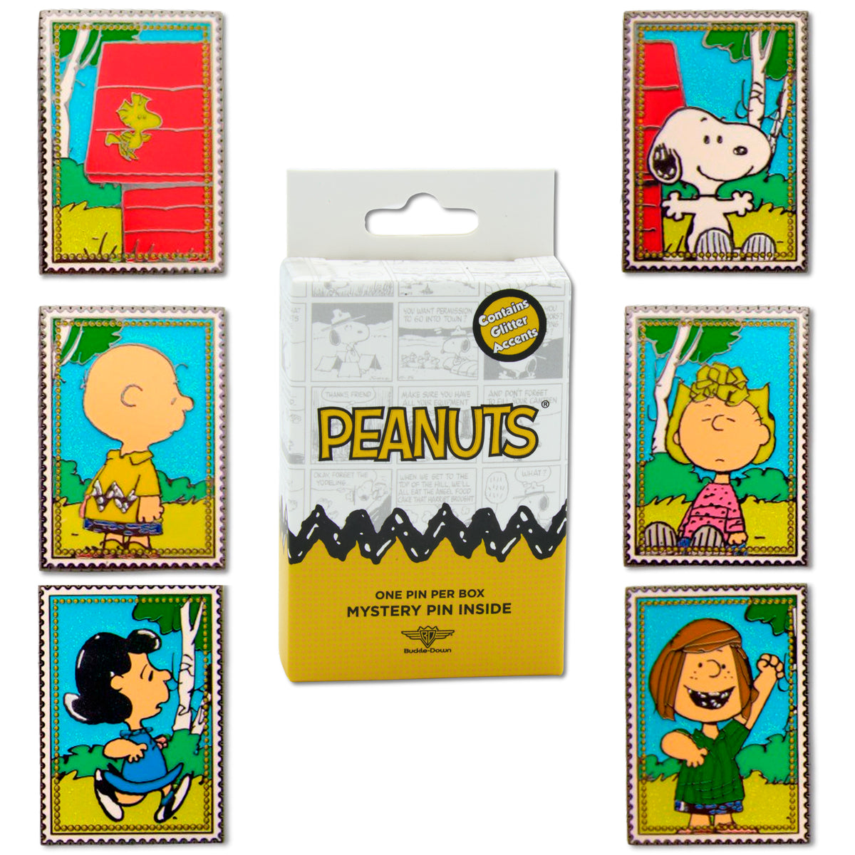 Peanuts Post Stamp Mystery Enamel Pin Blind Box – Charlie Brown, Snoopy & Friends Blind Box Pins Peanuts