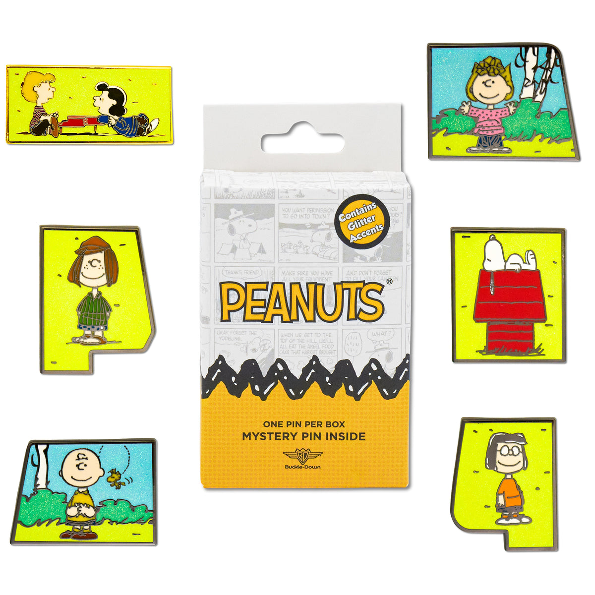 Peanuts Dog House Puzzle Mystery Enamel Pin Blind Box Series, Charlie Brown, Sally, Snoopy, Marcie, Peppermint Patty, or Lucy and Schroeder Blind Box Pins Peanuts