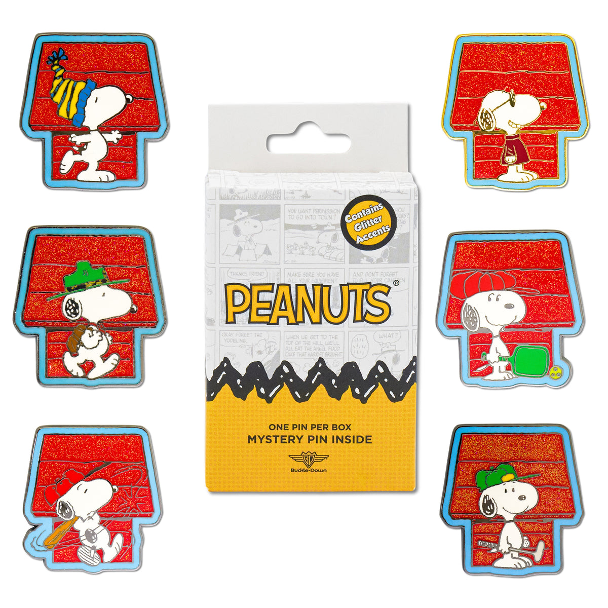Peanuts Snoopy Dog House Mystery Enamel Pin Blind Box Series, Ice Skating, Joe Cool, Beagle Scout, Pickleball, Baseball, or Golf Blind Box Pins Peanuts