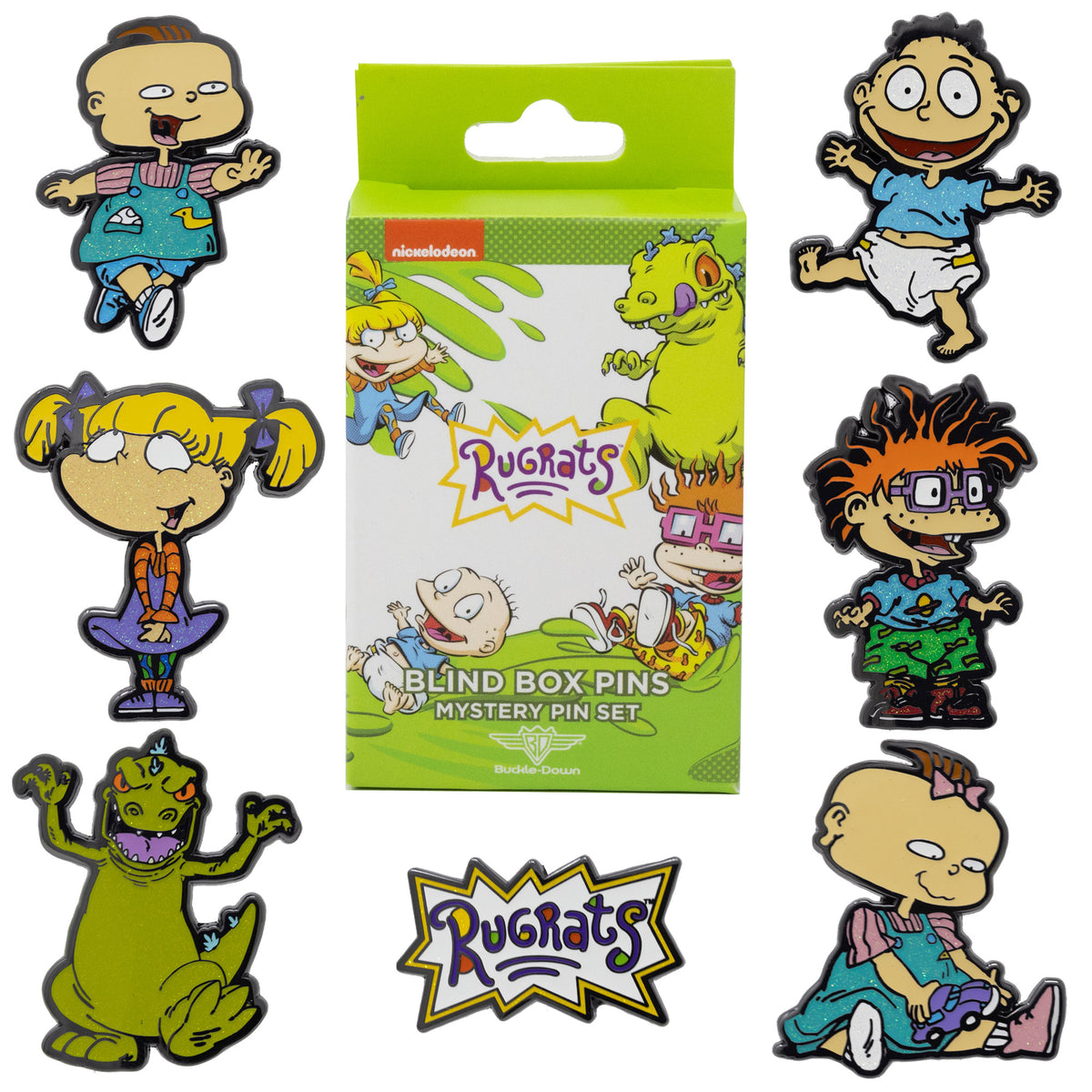 Rugrats Mystery Enamel Pin Blind Box Series, Tommy Pickles, Chuckie Finster, Angelica Pickles, Phil DeVille, Lil DeVille, Reptar, or the Rugrats Title Logo Blind Box Pins Nickelodeon