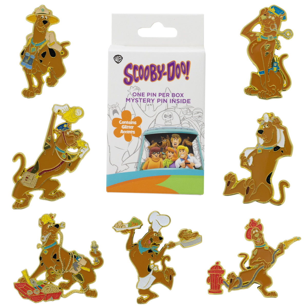 Scooby Doo Mystery Enamel Pin Blind Box Series, Scooby Doo as a Doctor, Detective, Policeman, Safari Adventurer, Chef, Construction Worker, or Firefighter Blind Box Pins Hanna Barbera