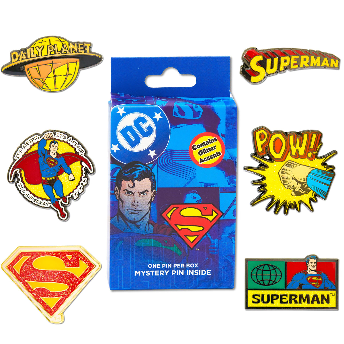 DC Comics Superman Mystery Enamel Pin Blind Box Series, Daily Planet, Superman Logo, Superman Shield, POW!, Comic Book Cover, or Superman Flying Blind Box Pins DC Comics