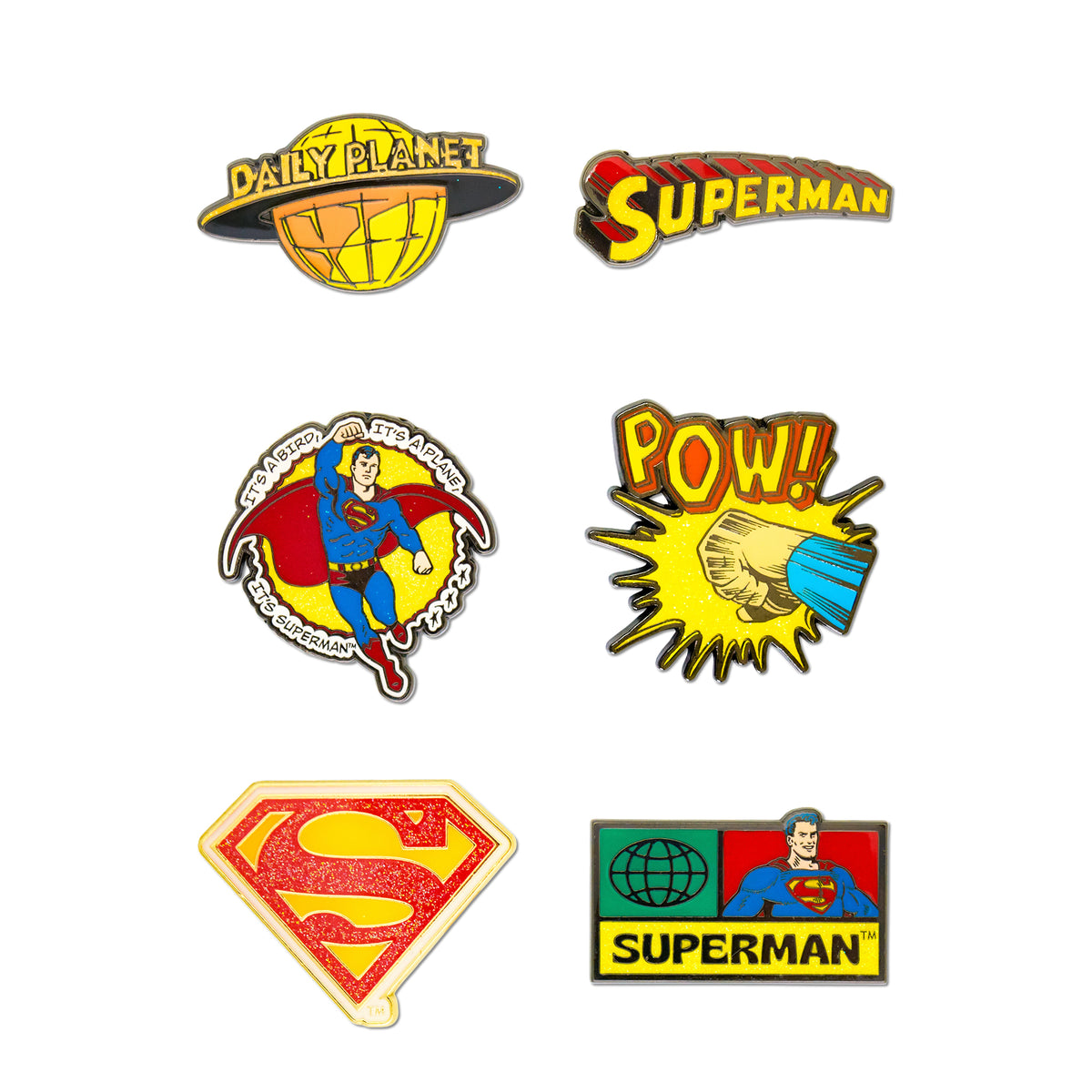 DC Comics Superman Mystery Enamel Pin Blind Box Series, Daily Planet, Superman Logo, Superman Shield, POW!, Comic Book Cover, or Superman Flying Blind Box Pins DC Comics