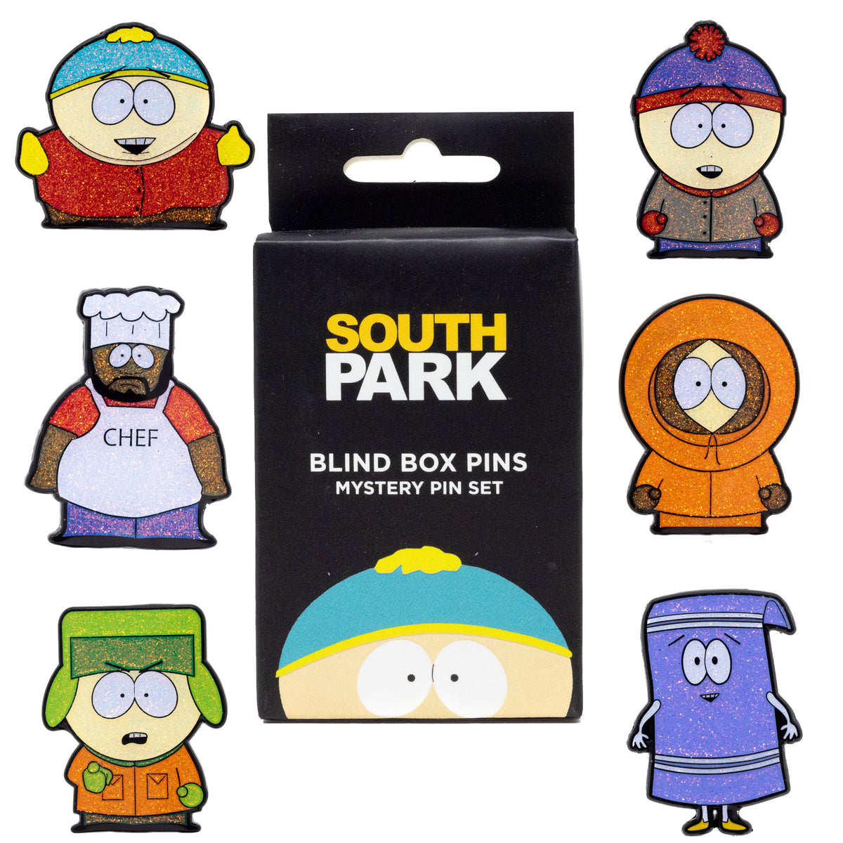 South Park Blind Box Glitter Enamel Pin Series - Mystery Character Cartman, Kyle, Chef, Kenny, Stan, or Towelie Blind Box Pins South Park