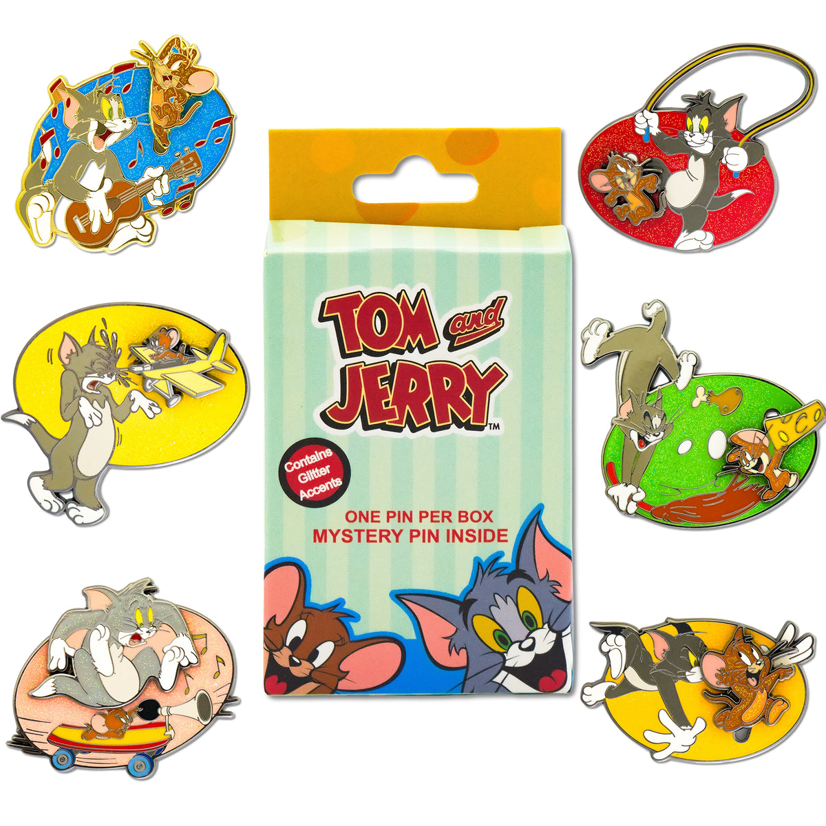 Tom and Jerry Interactive Mystery Enamel Pin Blind Box Series, Music, Jump Rope, Airplane, Cheese, Skateboard, or Chasing Blind Box Pins Hanna Barbera