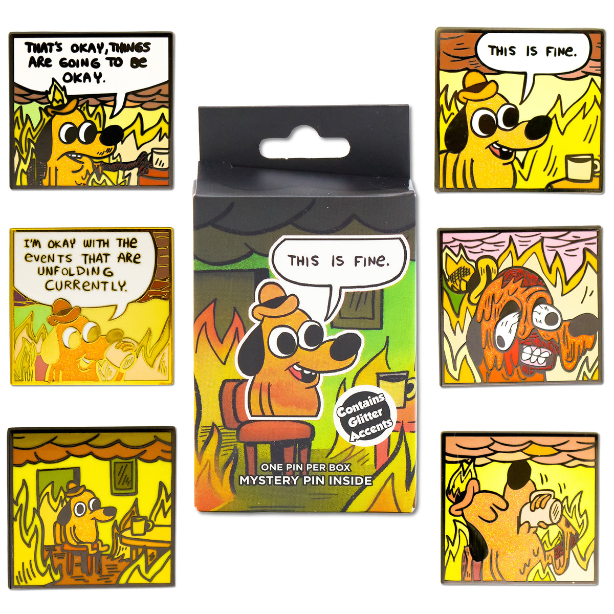 This is Fine Mystery Enamel Pin Blind Box Series, This is Fine, That's Okay, I'm Okay, Melting, Sitting, or Drinking Coffee Blind Box Pins This is Fine