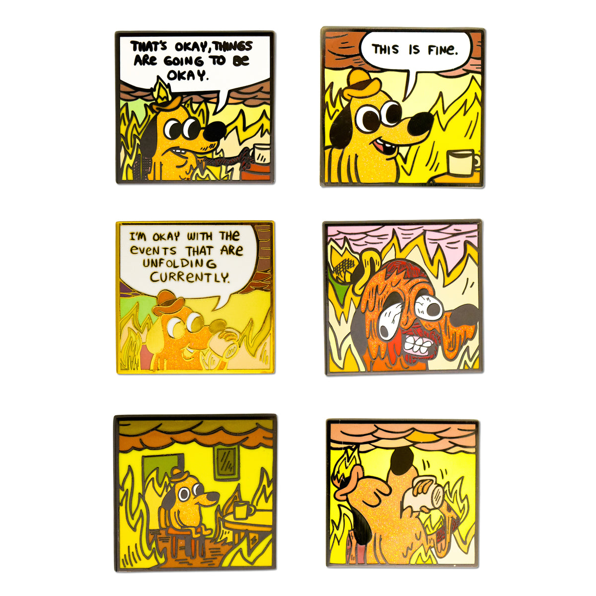 This is Fine Mystery Enamel Pin Blind Box Series, This is Fine, That's Okay, I'm Okay, Melting, Sitting, or Drinking Coffee Blind Box Pins This is Fine