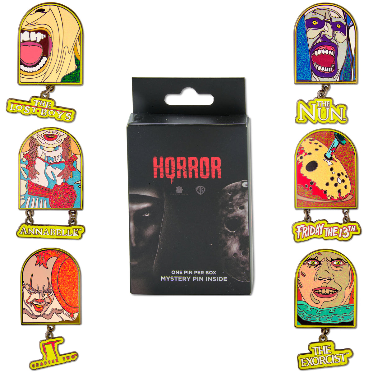Warner Horror Movie Title Logos Mystery Enamel Pin Blind Box Series, IT Chapter Two, Friday the 13th, The Lost Boys, The Nun, The Exorcist, or Annabelle Blind Box Pins Friday the 13th